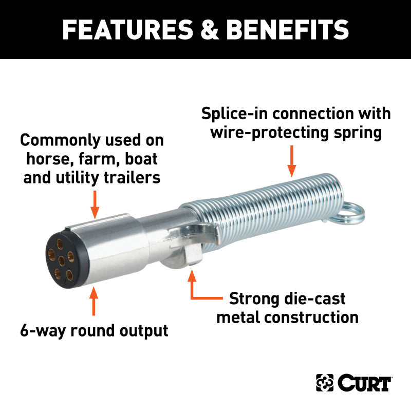 Curt 6-Way Round Connector Plug w/Spring (Trailer Side)