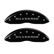 गैलरी व्यूवर में इमेज लोड करें, MGP Front set 2 Caliper Covers Engraved Front Silverado Black finish silver ch