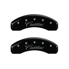 Cargar imagen en el visor de la galería, MGP 4 Caliper Covers Engraved Front &amp; Rear Cursive/Cadillac Black finish silver ch