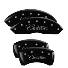 Carica l&#39;immagine nel visualizzatore di Gallery, MGP 4 Caliper Covers Engraved F &amp; R Cursive/Cadillac Black Finish Silver Char 2017 Cadillac XT5