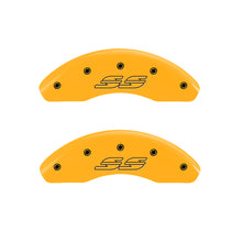 Load image into Gallery viewer, MGP 4 Caliper Covers Engraved Front &amp; Rear Impala Style/Ss Yellow Finish Blk Char 2000 Chevy Impala