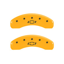 Cargar imagen en el visor de la galería, MGP 4 Caliper Covers Engraved F &amp; R Bowtie Yellow Finish Black Char 2002 Chevrolet Silverado 1500