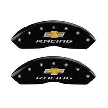 Laden Sie das Bild in den Galerie-Viewer, MGP 4 Caliper Covers Engraved Front &amp; Rear Chevy racing Black finish silver ch