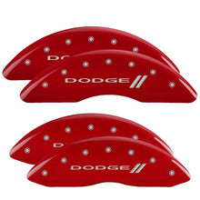 Cargar imagen en el visor de la galería, MGP 4 Caliper Covers Engraved Front &amp; Rear With stripes/Dodge Red finish silver ch
