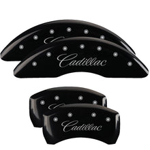 Carica l&#39;immagine nel visualizzatore di Gallery, MGP 4 Caliper Covers Engraved F &amp; R Cursive/Cadillac Black Finish Silver Char 2016 Cadillac CT6