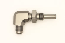 Laden Sie das Bild in den Galerie-Viewer, DeatschWerks 6AN Male Flare To 5/16in. Male Barb Bulkhead Adapter 90-Degree (Incl. Nut)