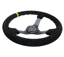 गैलरी व्यूवर में इमेज लोड करें, NRG Reinforced Steering Wheel (350mm / 3in. Deep) Blk Suede/X-Stitch w/5mm Blk Spoke &amp; Yellow CM