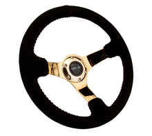 Laden Sie das Bild in den Galerie-Viewer, NRG Reinforced Steering Wheel (350mm / 3in. Deep) Blk Suede w/Red BBall Stitch &amp; Chrome Gold 3-Spoke