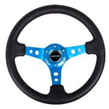 गैलरी व्यूवर में इमेज लोड करें, NRG Reinforced Steering Wheel (350mm / 3in. Deep) Blk Leather w/Blue Circle Cutout Spokes